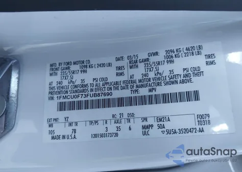 2015 Ford Escape S из США, поврежденный, VIN 1FMCU0F73FUB87690